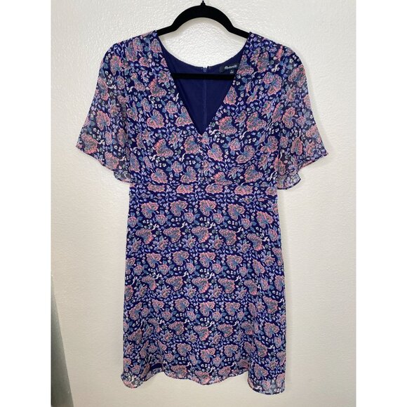 Madewell Womens Floral Print‎ V-Neck Short Sleeve Dress Size 6 Navy Polyester - Picture 2 of 8